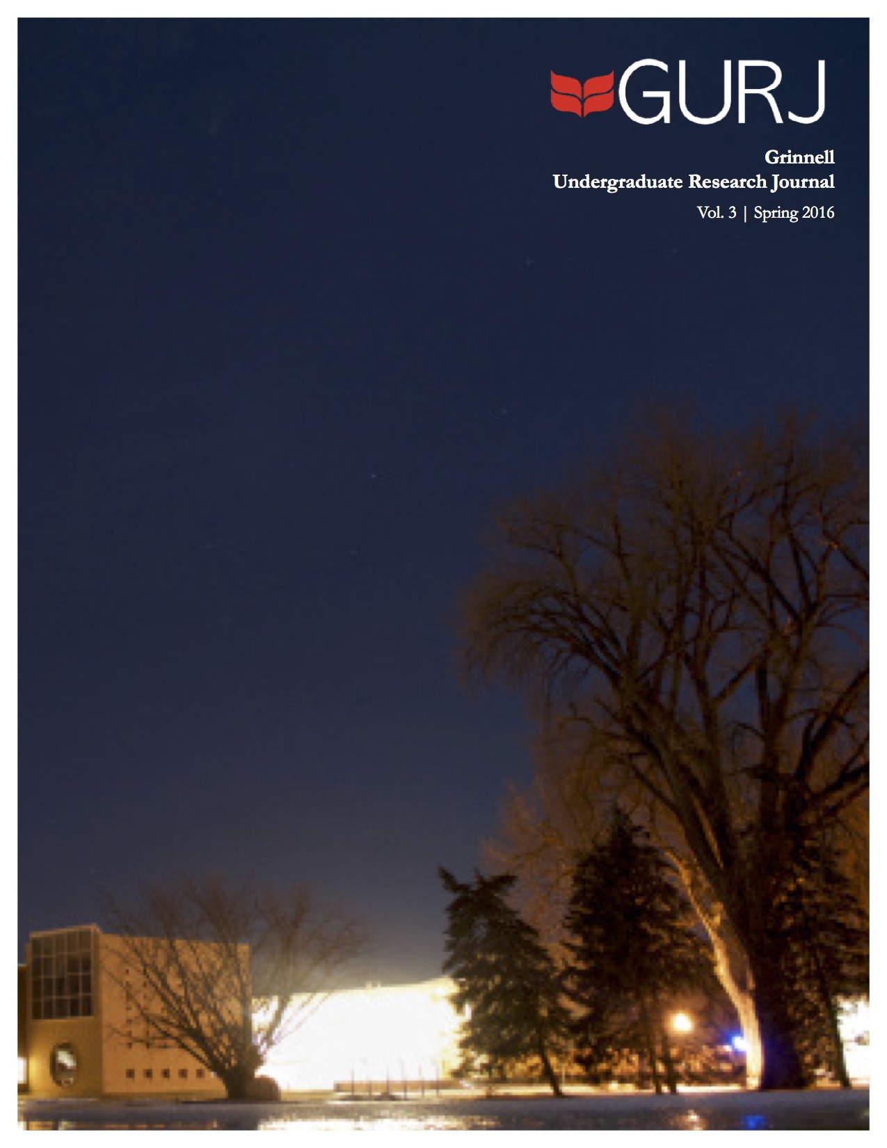 Cover of the Grinnell Undergraduate Research Journal. Pictured: view of campus at night.
